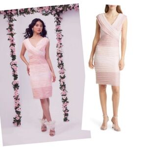 Tadashi Shoji Rose Ombré Dress Crinkle Chiffon Banded V-neck Sheath Modest Party